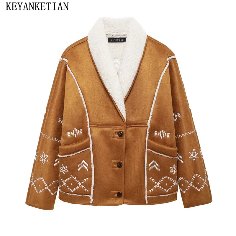 

KEYANKETIAN 2024 Winter New Women's Embroidery Double Faced Fur Coat Chic Vintage Thick Pockets Single Breasted Greatcoat Top