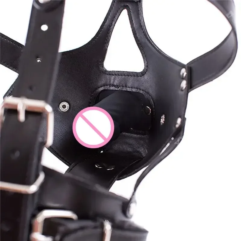 BDSM Bondage Head Wrap Maschere con cappuccio cavo Giocattoli del sesso SM Slave Gioco di ruolo Copricapo Maschere con cappuccio mezza faccia in pelle fetish con bavaglio per pene