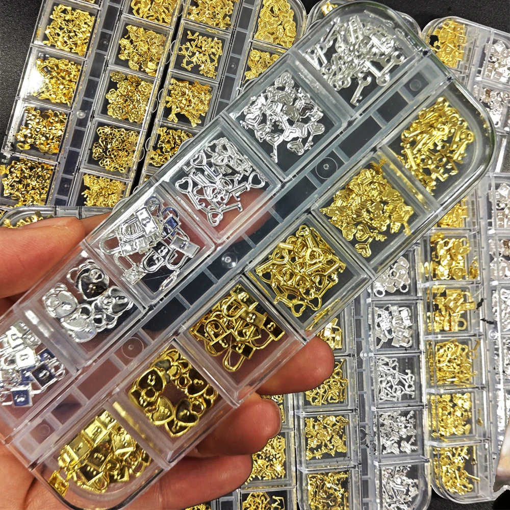 1 caja-12 rejillas de aleación de oro/plata mezclada, llaves y cerraduras, diseño de dijes para uñas, llave de Metal de 6-11mm, decoración artística para uñas, piezas de Metal de lujo DIY para uñas