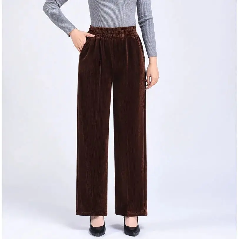 Winter Corduroy Thicken Loose Wide Leg Pants Pockets High Waist Solid Elastic Lace-up Casual Oversize Women Straight Trousers