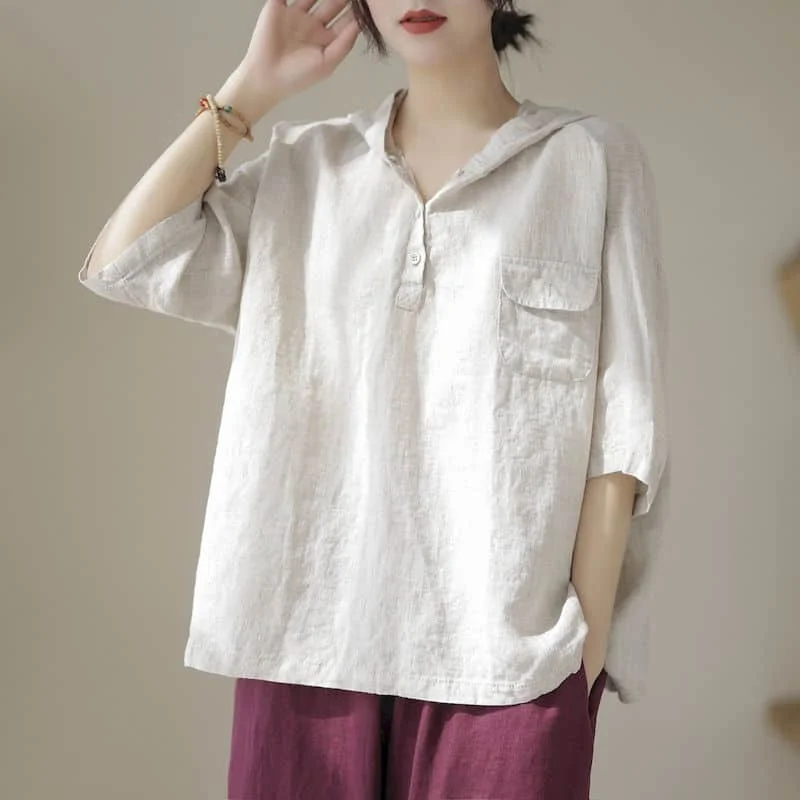 

Cotton Linen Shirts for Women Vintage Large Size Solid Hooded Short Sleeve Casual Loose Slim Korean Fashion Blouse Women Tops