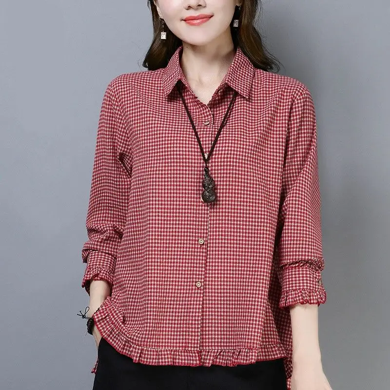 Vintage Printed Ruffles Butterfly Sleeve Plaid Shirt Women\'s Clothing 2023 Autumn Winter New Casual Tops Commuter Blouse