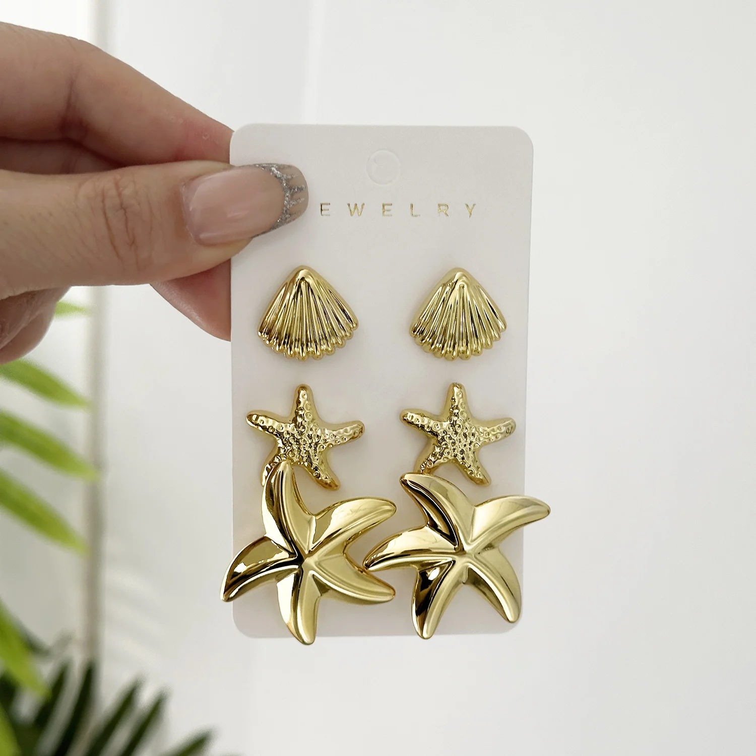 3 Pairs Gold Starfish Shell Stud Earrings for Women