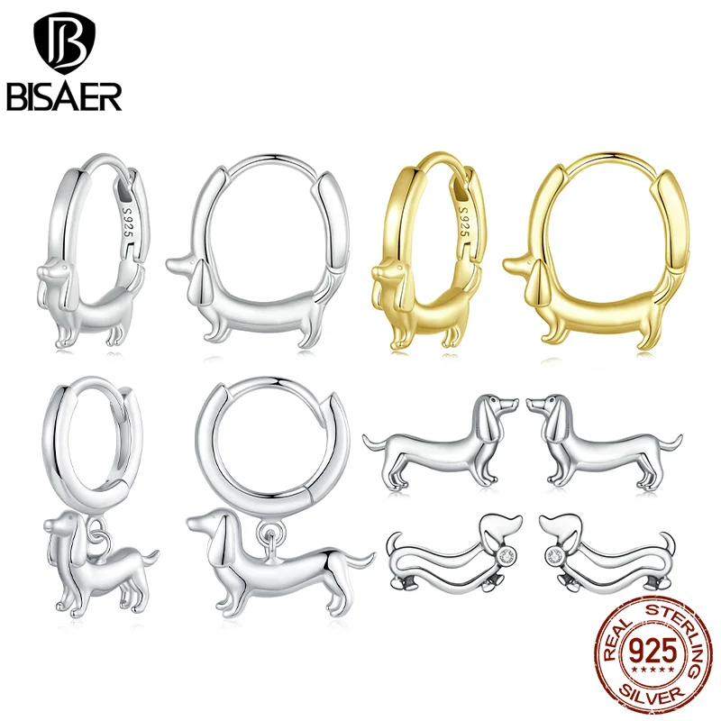 

BISAER 925 Sterling Silver Cute Dachshund Ear Buckles,Pet Dog Hypoallergenic Animal Huggie Earrings for Women Party Fine Jewelry