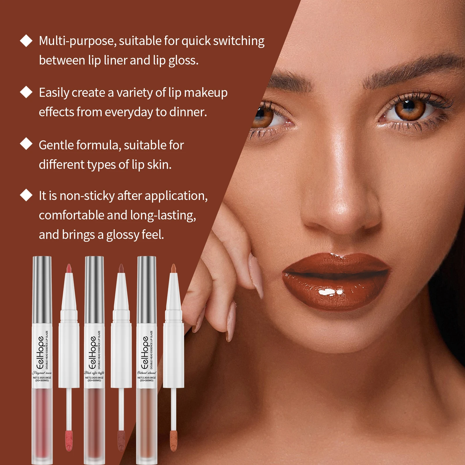 EELHOPE Double Head Essence Lip Glaze 2-in-1 Lipliner Gloss Hydraterende Langhoudende Niet-Klevend Glansrijke Lip Tint Voor Dagelijks Gebruik
