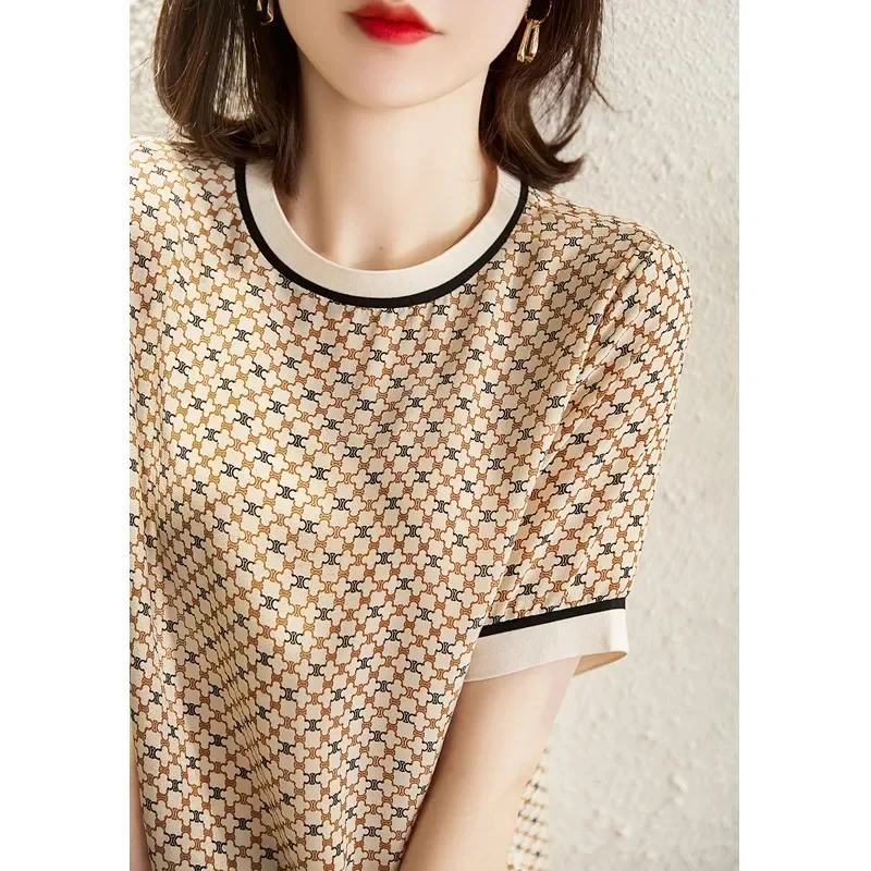 Summer Short Sleeve Women Shirt Vintage Square Plaid Printed Ice Silk Loose Blouse Ribbed Elegant Casual Women Blouses Top 18852