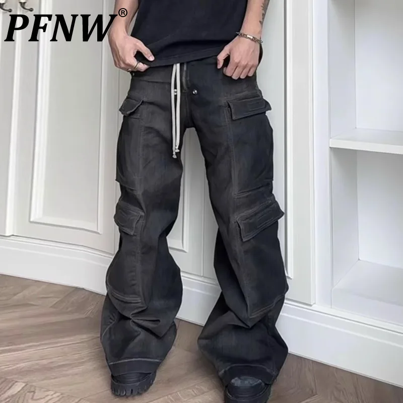 

PFNW Men Jeans High Street Men's Wear Straight Loose Wide Leg Multi-pocket Elastic Waist Personalized Male Denim Pants 12Z4419