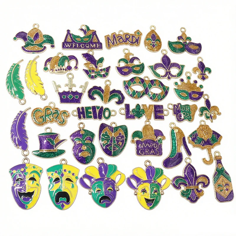 10pcs Mardi Gras Enamel Charms Carnival Mask Joker Hat Clown Party Favors Alloy Pendants for DIY Jewelry Making Accessories