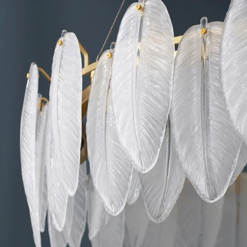 Modern LED Feather Glass Crystal Ceiling Chandelier - Living Dining Room Pendant Light Home Decor Hanging Luminous Fixture