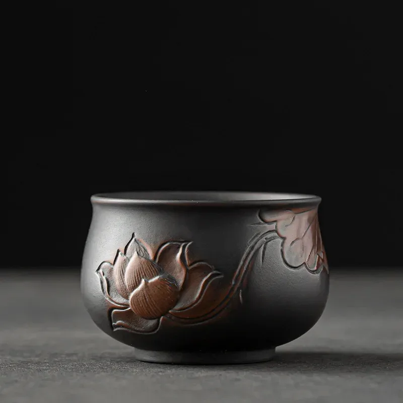 7.8cm Purple Clay Lotus Tea Cup Carved Kung Fu Tea Ceremony Chinese Tea Ware
