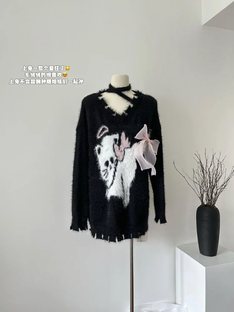 Sexy V-neck Black Knit Sweater Chic Warm Fall Cute Sweater Pink Long-sleeved Fashion Basics Women's Knit Sweater