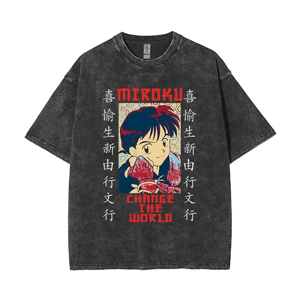 Gewaschenes Vintage Anime Inuyasha Kagome Miroku Sango Shippo Kirara Augen-Print T-Shirt für Männer und Frauen Cartoon Lässiges Oversize T-Shirt – Detail 5