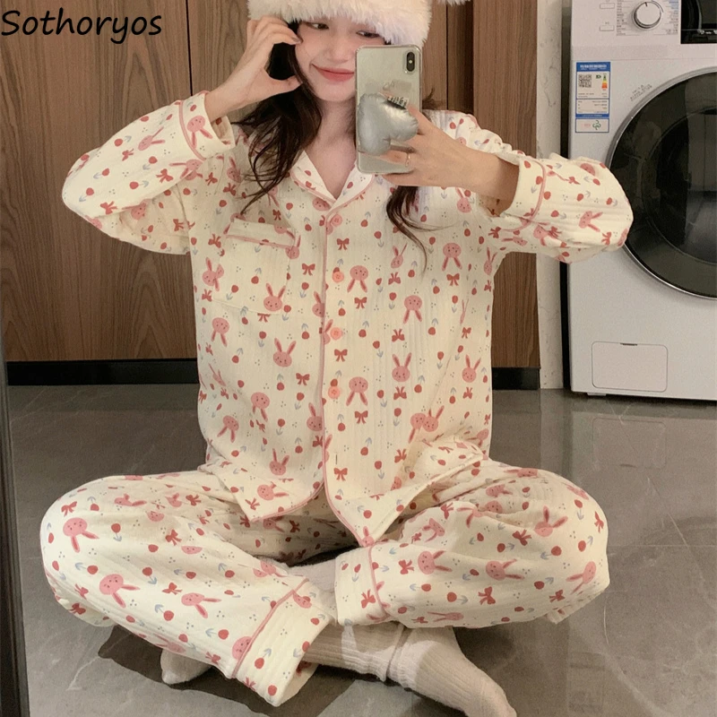 Pajama Sets Women Ins Autumn Winter Sleepwear Long Sleeve Trousers Homewear Casual Printed Floral Gentle Cozy Warm Slouchy Chic