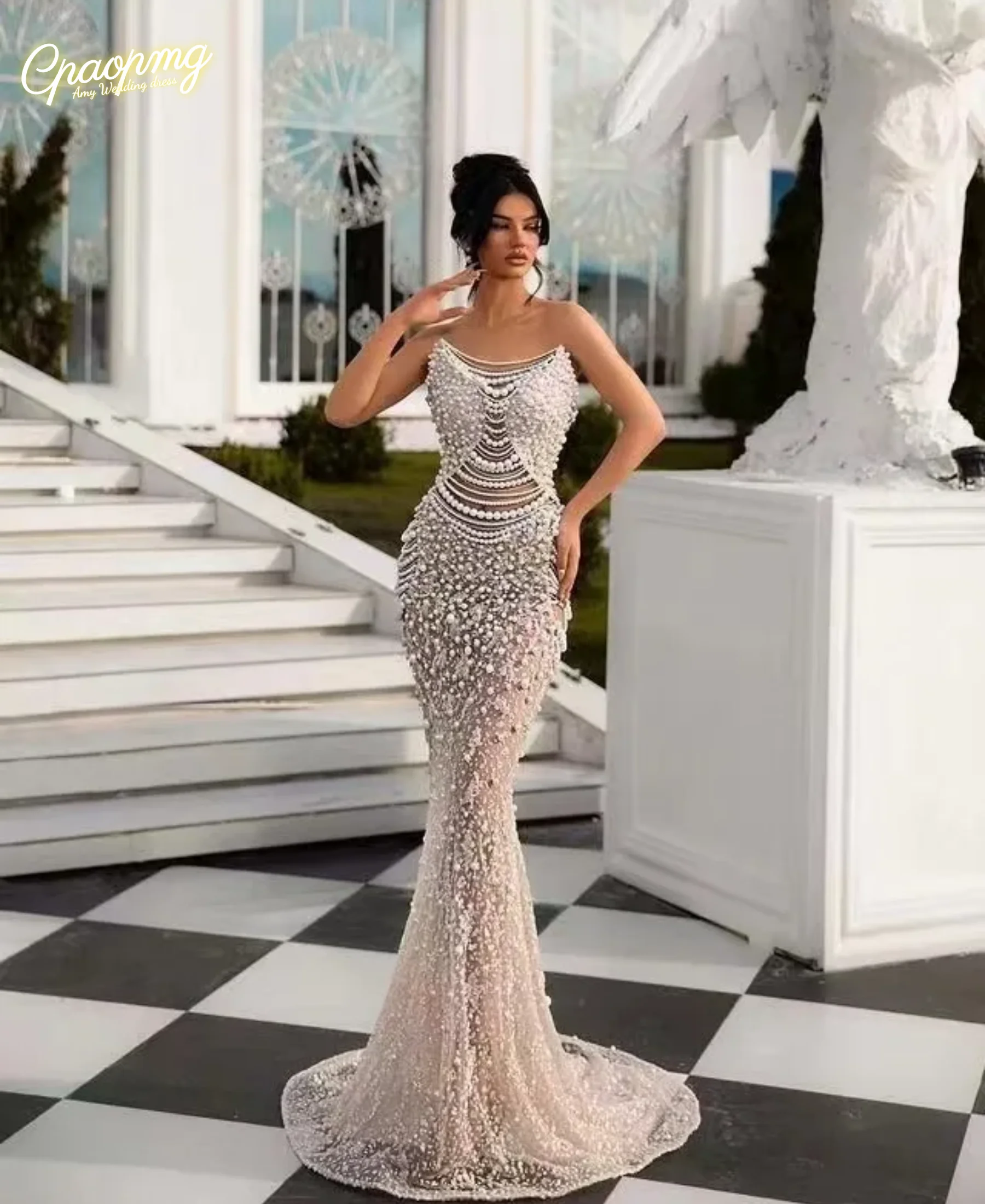 

Женское вечернее платье по индивидуальному заказу, топ с белым жемчугом, серия с глубоким v-образным вырезом, перспективное сетчатое платье с высокой талией, облегающее сценическое банкетное платье