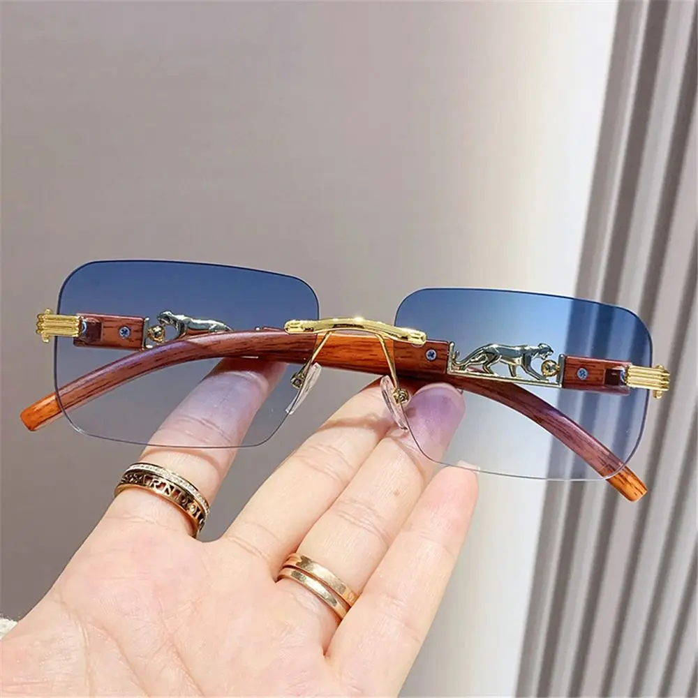 Metal Temples Rimless Cut Edge Sunglasses UV400 Cool Rectangle Sun Glasses Unique Cheetah Design Sunglasses