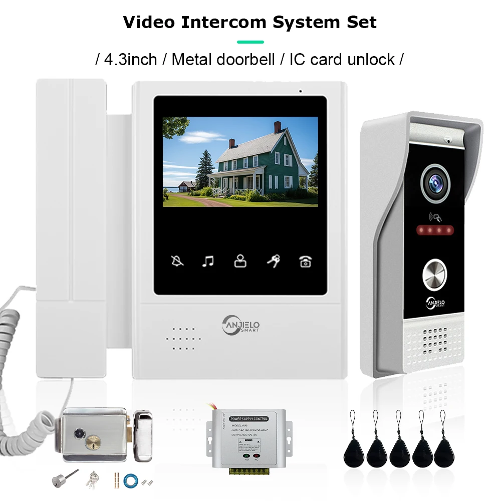 4.3 Inch Video Door Phone Intercom System for Home Villa Support 2 Way Intercom RFID Card Unlock Metal Doorbell with Lock Set