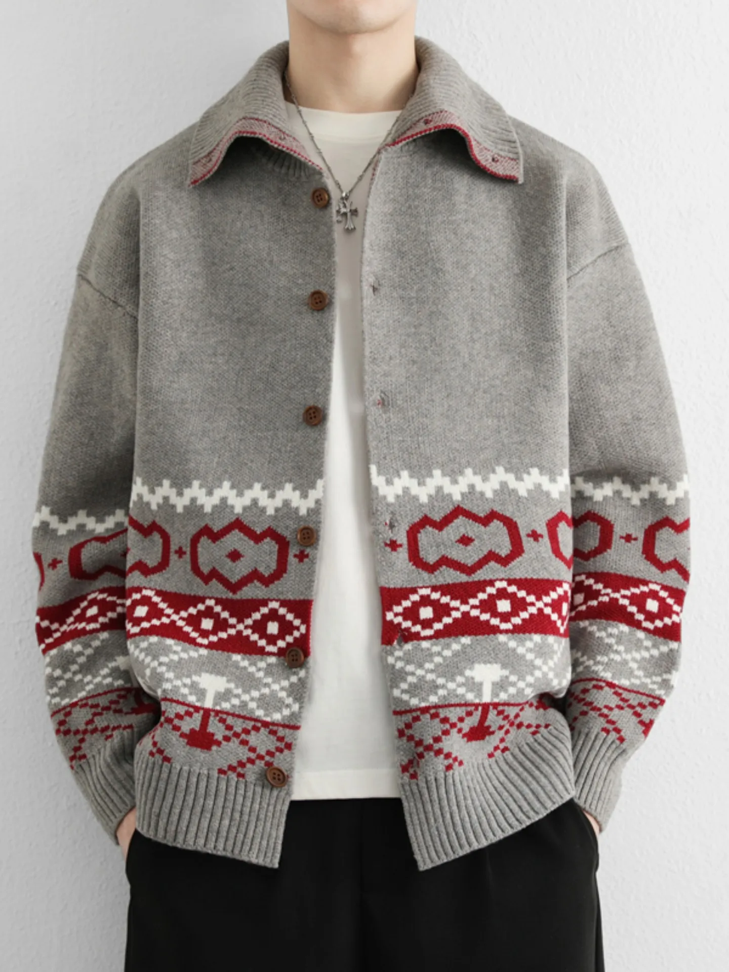 

Retro Knitted Cardigan Men's Casual Collared Sweater Autumn Winter Trendy Loose Sweater Jaet Soft Polyester Fabric