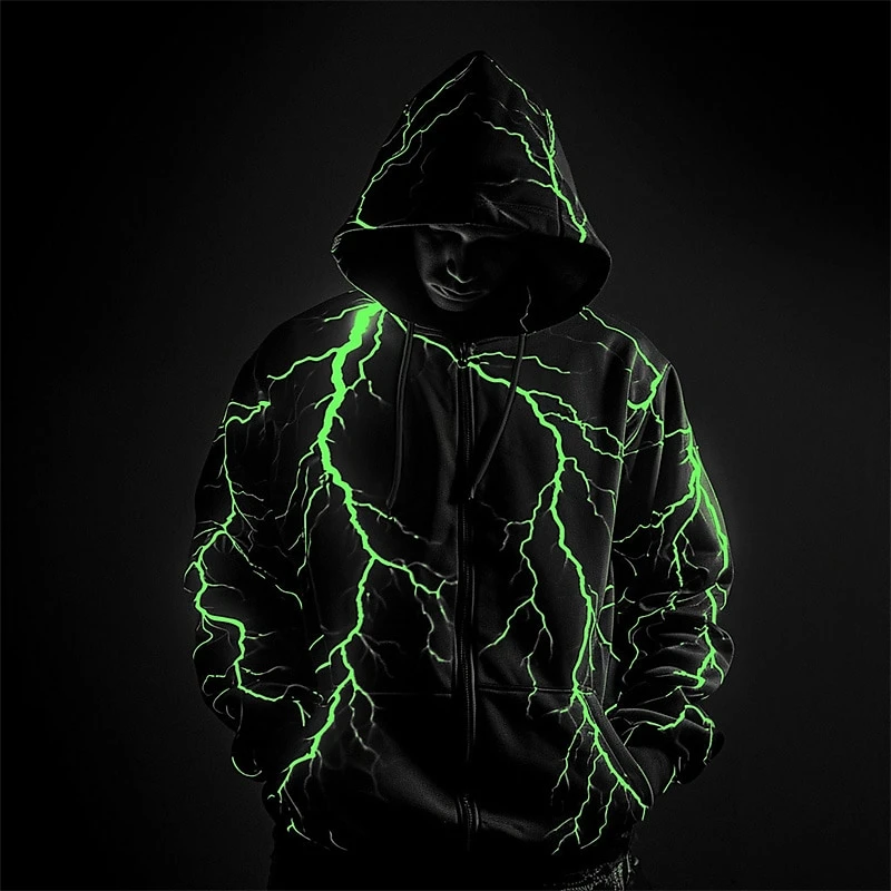 Trend Lightning Pattern Zipper Hoodies For Men Fashion Autumn Long Sleeve 3D Printed Zip Up Sweatshirt Loose Streetwear Pullover