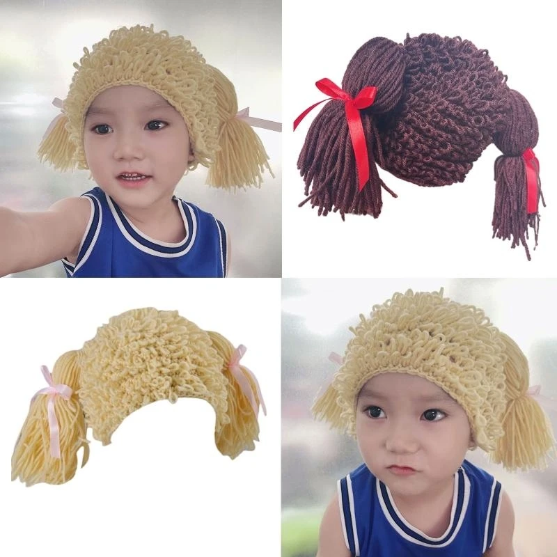 49MD Kid Pigtail Braid Hat Crochet Cap Girl Photography Props