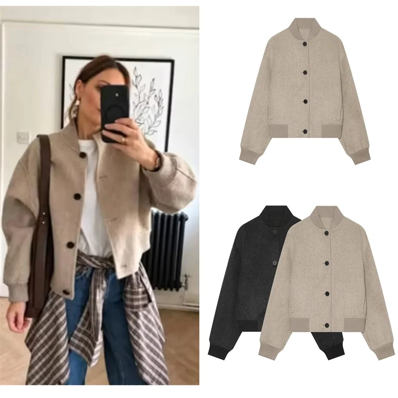 Guobioziy Women's Jacket 2026 Fall/Winter New Fashion Casual Versatile Long-Sleeve Stand Collar Flight Jacket Wool Coat