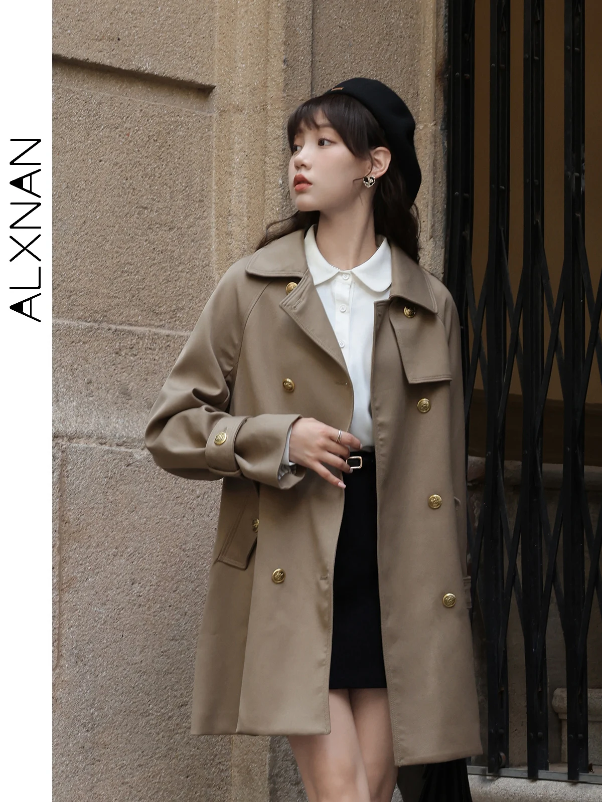 ALXNAN Women's Trench Coat Trendy Lapel Collar Solid Khaki Long Sleeve Outerwear 2024 Fall Winter Female Commuter Coat LXN269103