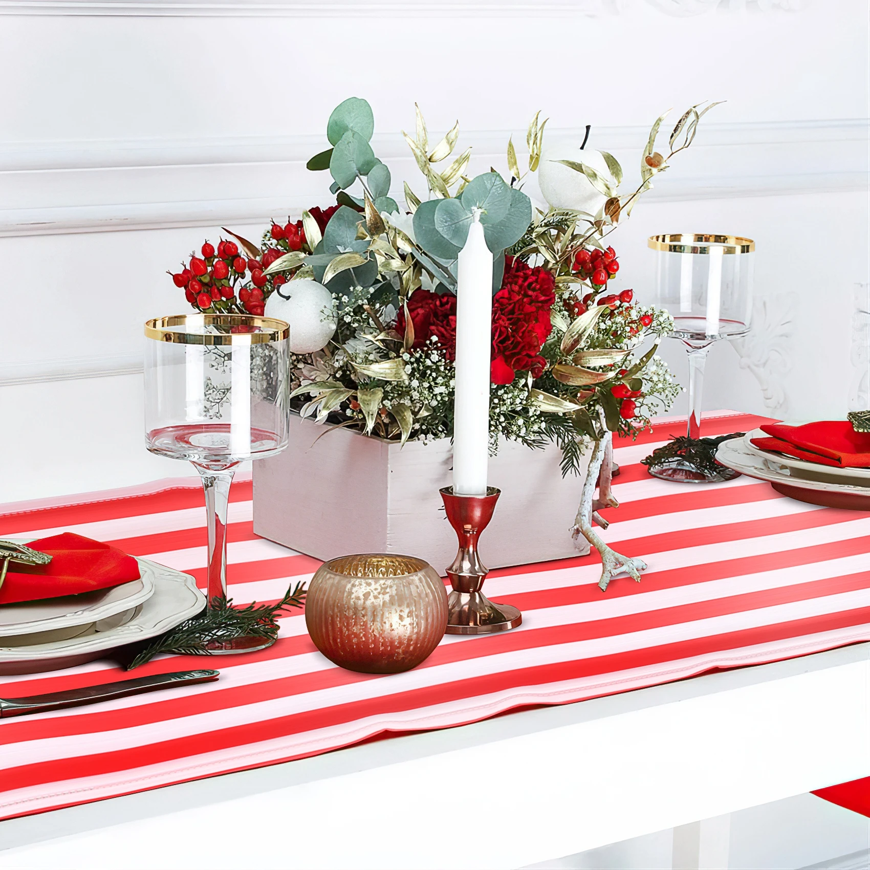 A78I 6 Pieces Striped Table Runner Wedding Polyester Table Decor Red White Striped Design Tablecloth Decor 12 x 108 Inch