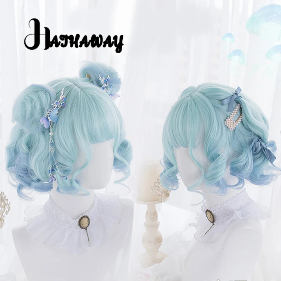 Peluca sintética Lolita Harajuku para mujer, Pelo Rizado corto degradado de niña suave, "Cloud Jellyfish Ji", peluca de cara redonda Lolita