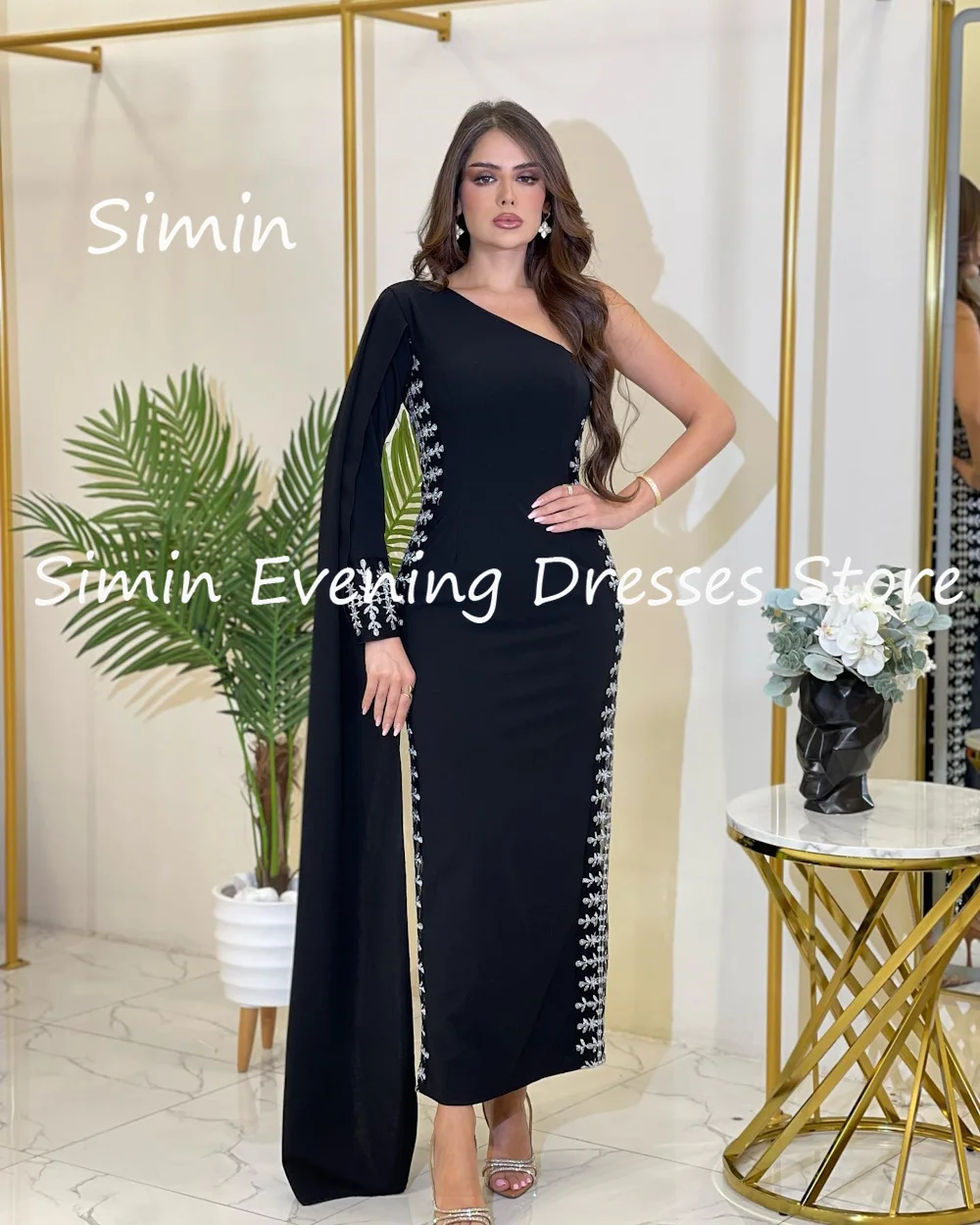 Simin Satin Mermaid One-shoulder Sequins Arab Formal Prom Gown Ankle-length Saudi Evening Elegant Party dresses for women 2023