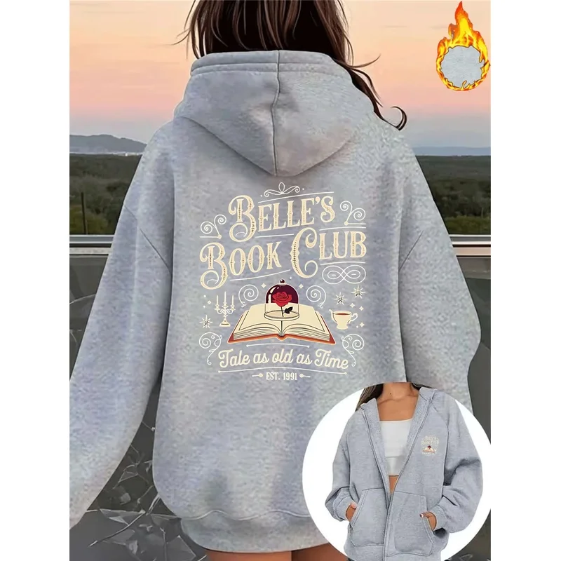 Sudadera con capucha y cremallera para mujer, diseño de la colección «Belle's Book Club», estampado de rosas y libros de estilo vintage, manga larga, corte holgado, color gris jaspeado, chaqueta con capucha, estilo casual, con bolsillo.
