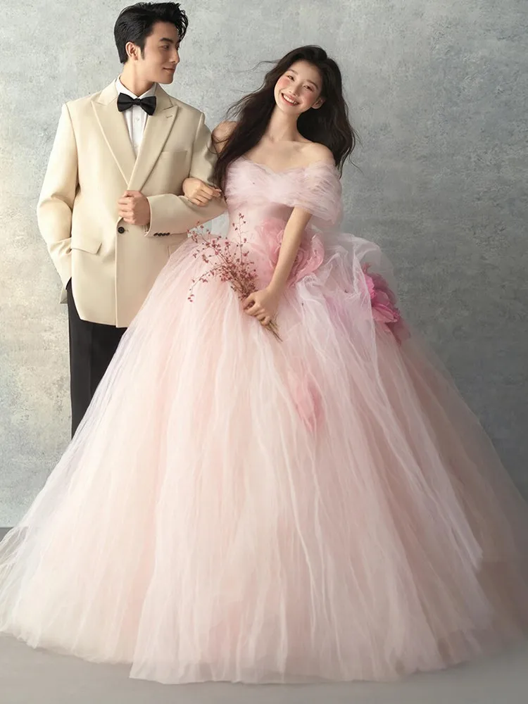 

New pink outdoor travel photography dress with colorful gauze and flower goddess strapless design