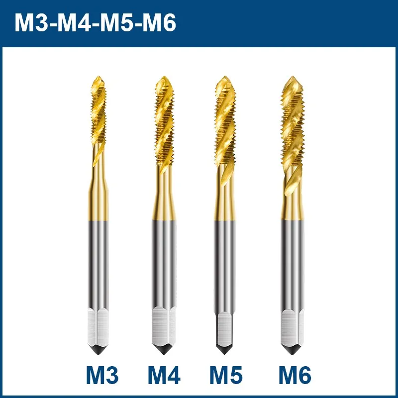 HAMPTON HSS Thread Tap Set M3 M4 M5 M6 M8 Spiral Fluted Screw Tap TiN Coated Spiral Pointed Metric Spiral Thread Tap Hand Tools