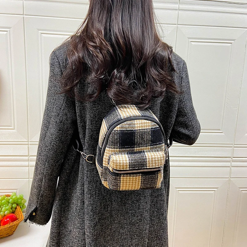 New Casual Women Backpack Zipper Checkered Schoolbag Korean Version Of Winter Fashion Small Backpack Female