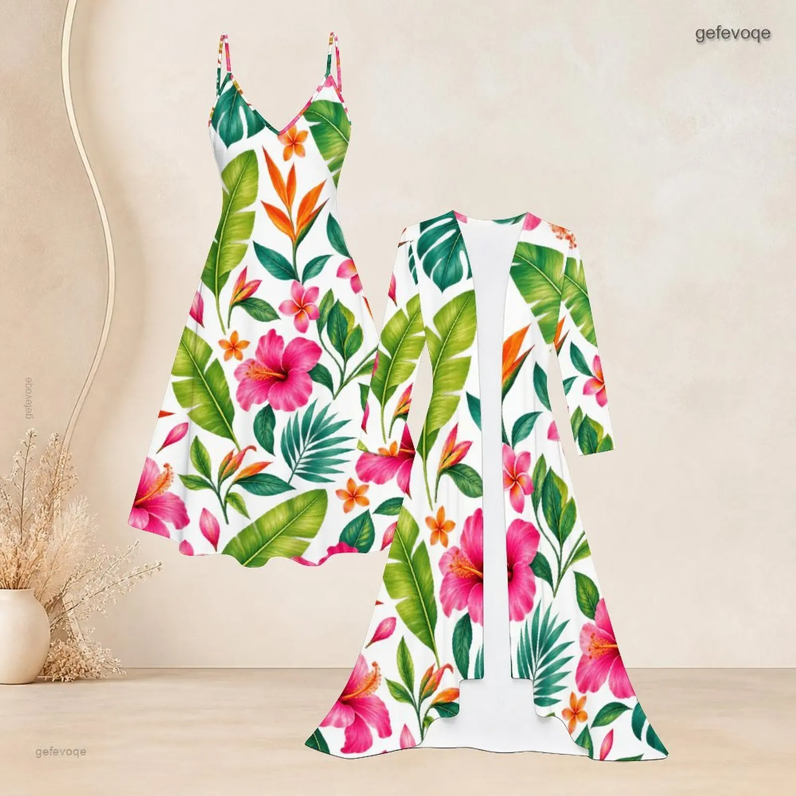 Women Tropical Floral Leaf Print Spaghetti Strap V Neck Dress and 3/4 Sleeve Long Open Front Cardigan Two Piece Set