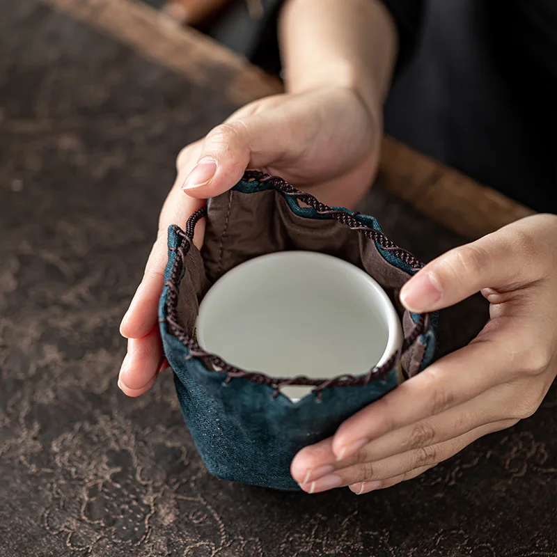 Linen Tea Cup Storage Bag - Handmade Portable Travel Pouch for Tea Ceremony, Safe Transport, for Outdoor or Home Use