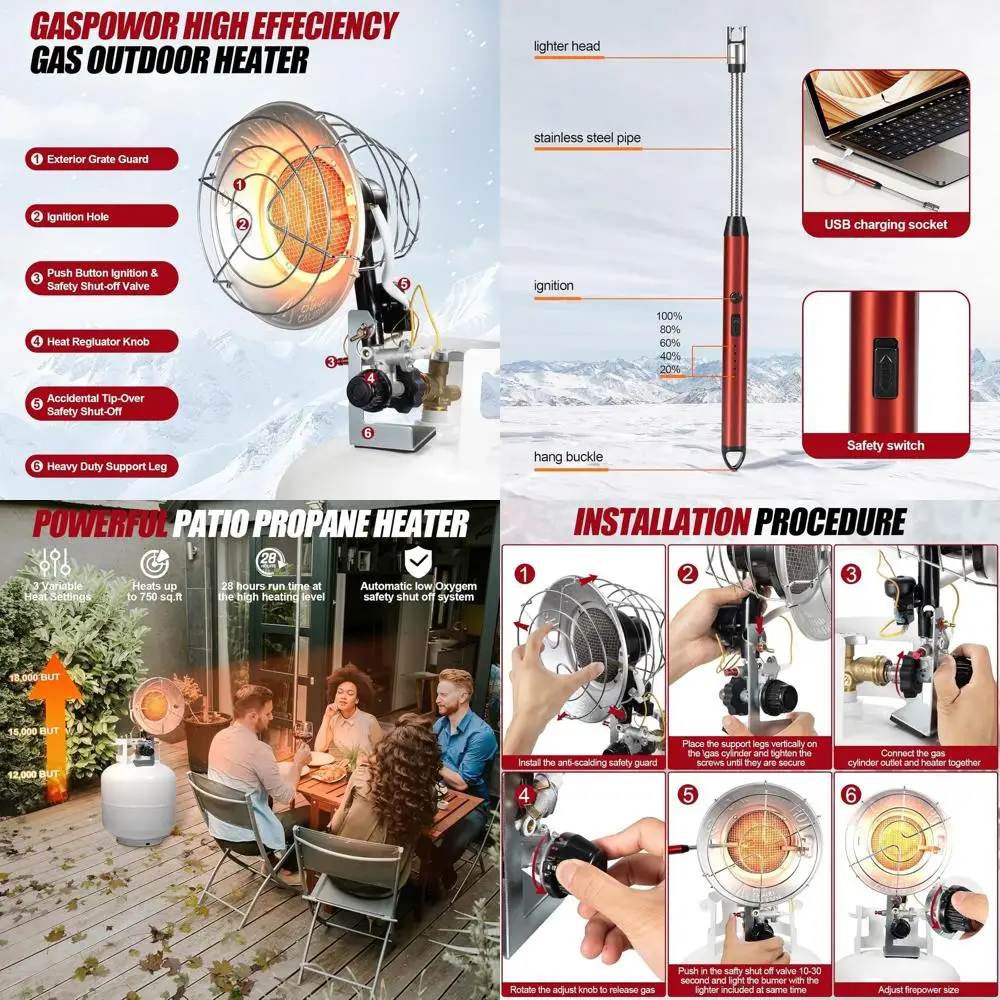 

Портативный пропановый обогреватель, 12-18 000 BTU, USB-заряжаемая зажигалка, отсечной клапан и защита от опрокидывания, 3 режима для использования на улице и...