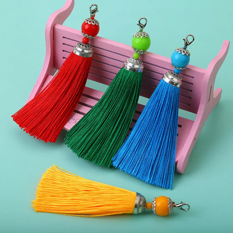 1/2/3Pcs 8cm Silky Lobster Clasp Tassel Key Chain Beads Charms Silk Tassel Pendant for DIY Crafts Jewelry Making Accessories