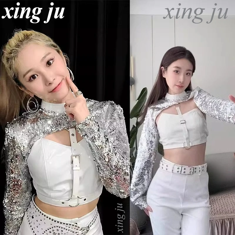 K팝 한국 여성 그룹 의상 섹시 스팽글 홀터 크롭탑 타이트 반바지 슬림 팬츠 여성 재즈 댄스 공연 무대 의상