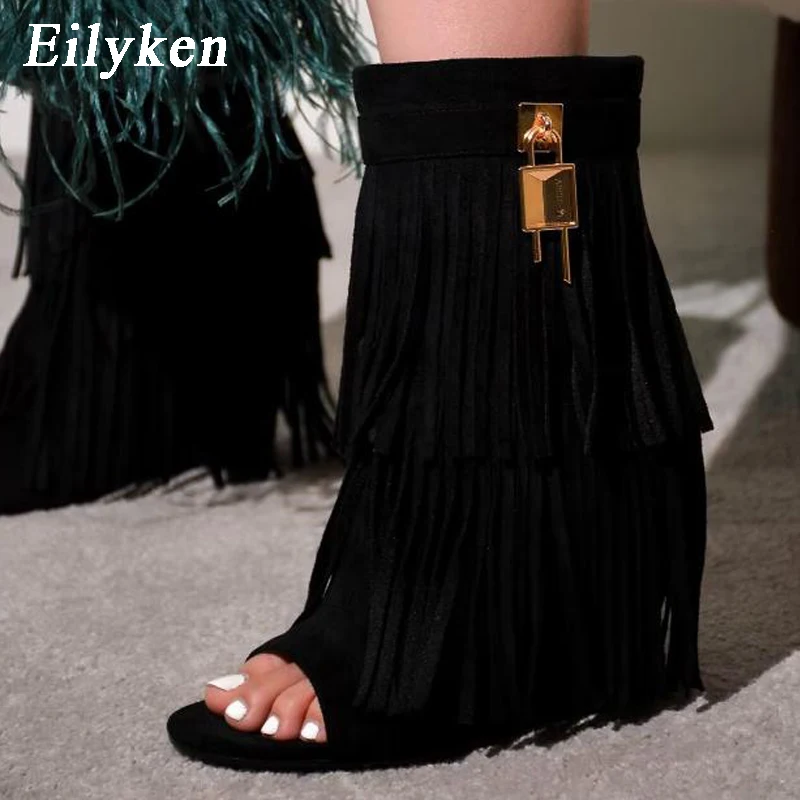 Eilyken-sandalias de cuña con flecos para mujer, zapatos de tacón alto con punta abierta, sexys, con cremallera, para fiesta y graduación, 2024