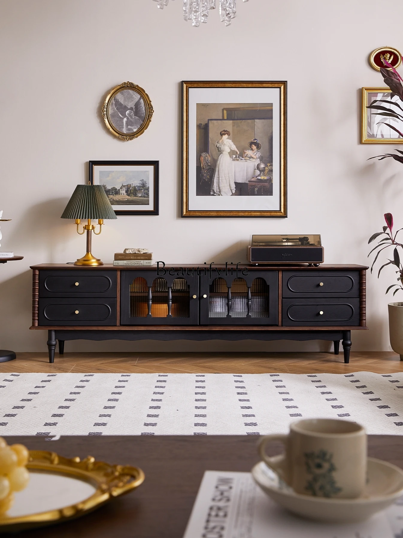 

Retro Solid Wood Coffee Table TV Cabinet Combination Black