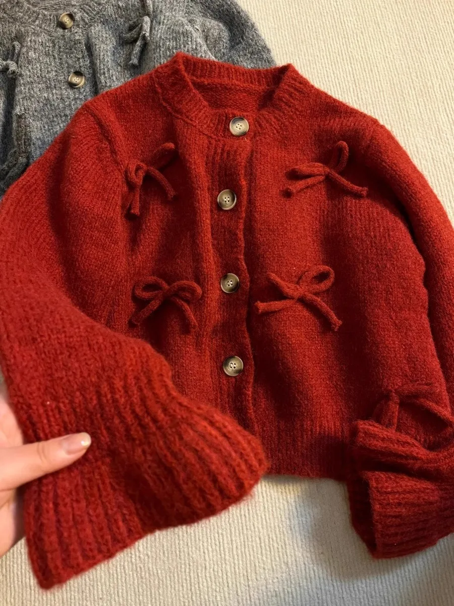 빨간 활 스웨터 여성 가을 ​​겨울 달콤한 트럼펫 슬리브 ​​니트 카디건 탑 한국 스타일 느슨한 라운드 넥 짧은 재킷