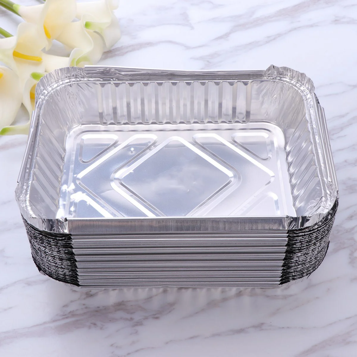 50pcs Disposable BBQ Drip Pan Tin Foil Barbecue Box Food Container One-off Takeaway Packing Boxes for Daily Use (Silver)