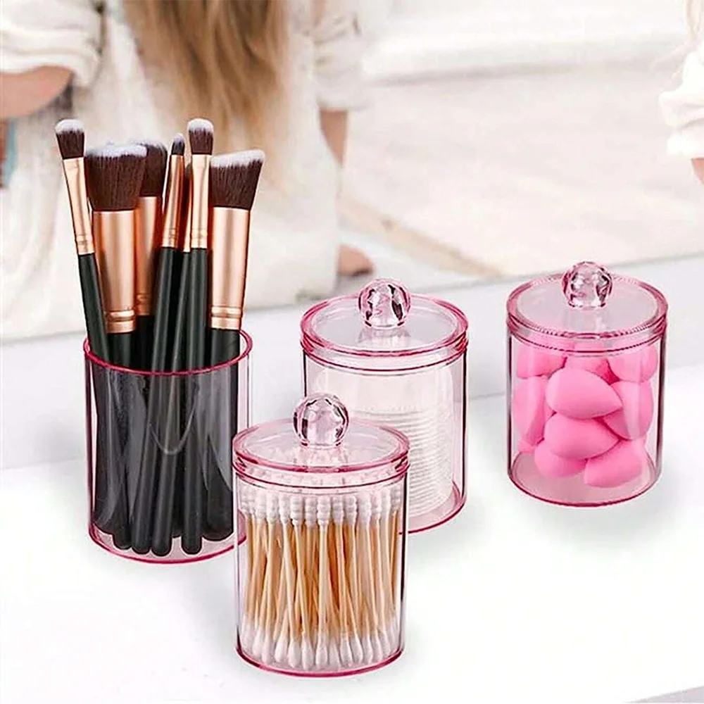 4Pcs Holder Dispenser For Cleaning Stick, Round Pad, Dental Floss Pick,Clear Plastic,Bathroom Organization, Makeup Container