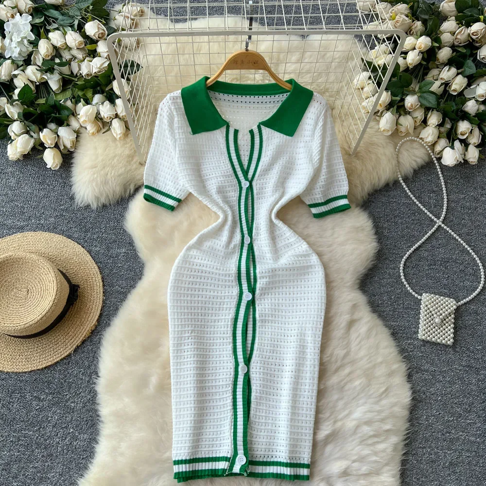 Chic Patchwork Elegant  Polo-Neck Casual Short Sleeve Single Breasted Hollow Out Dresses Vintage Korean Fashion Women Clothing