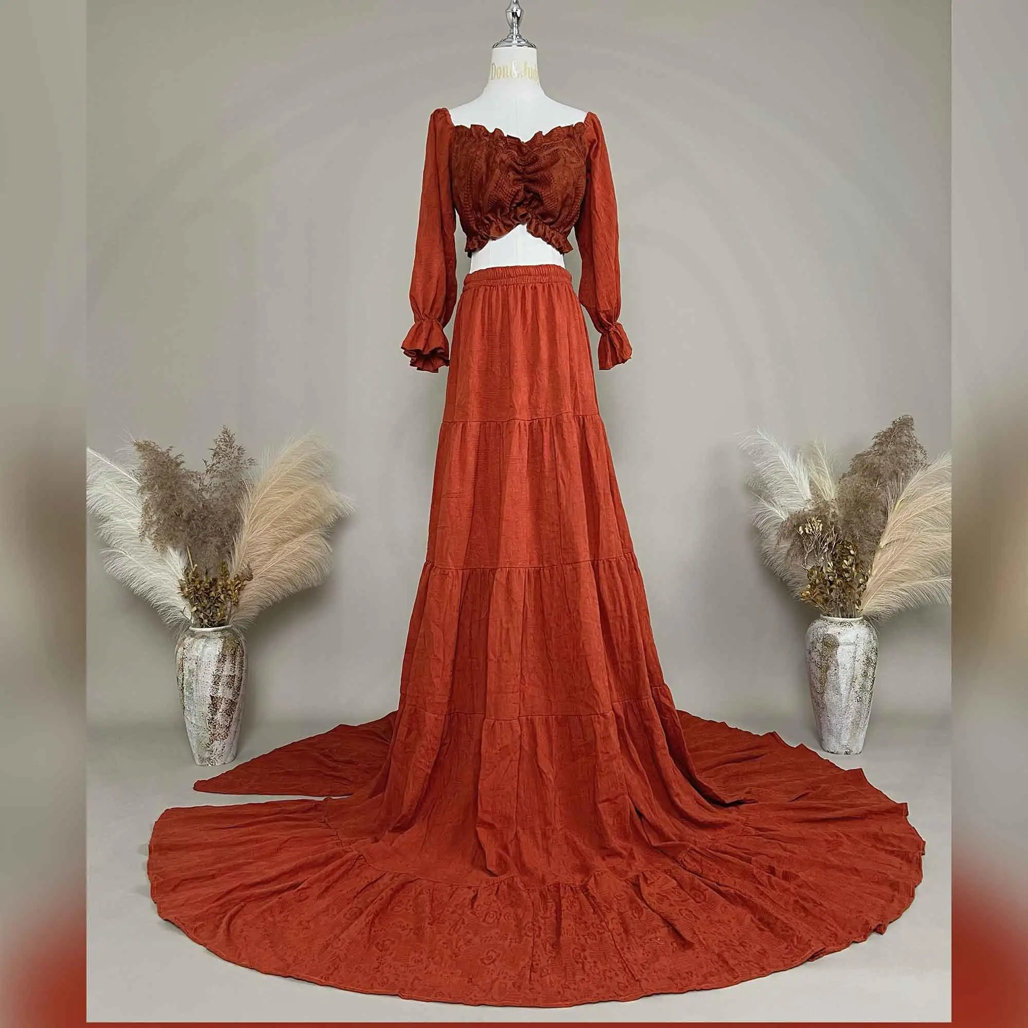 

Don&Judy Elegant Boho Maternity Two Pieces Set Dress Long Sleeves Gowns for Photoshoot Party For Baby Shower