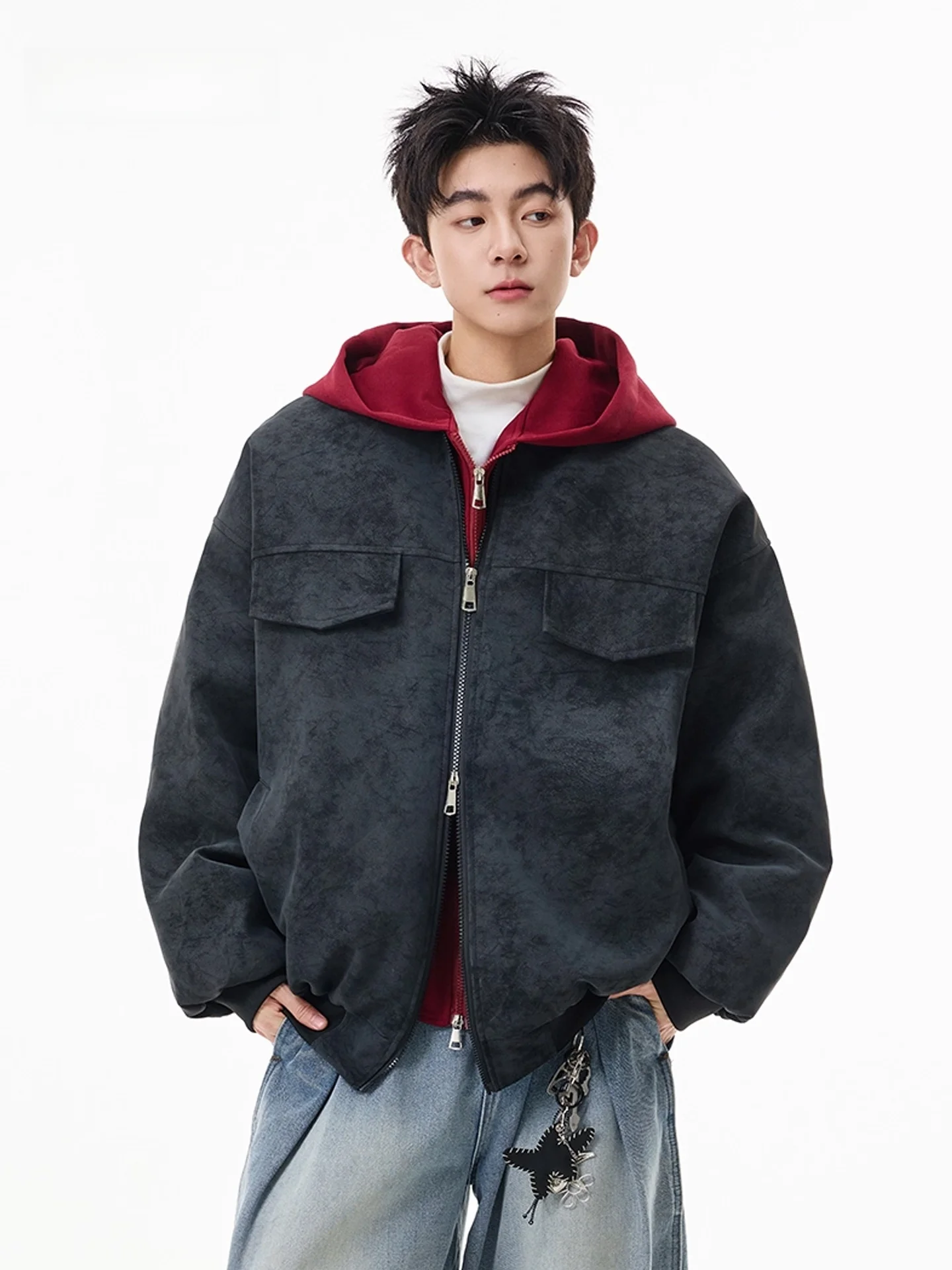 アメリカン スレ ティエンド PU レザー フード付きコットン ジャケット メンズ 冬 ファッション ルーズ ダブルジッパー 暖かいコート トレンディ ユース カジュアル