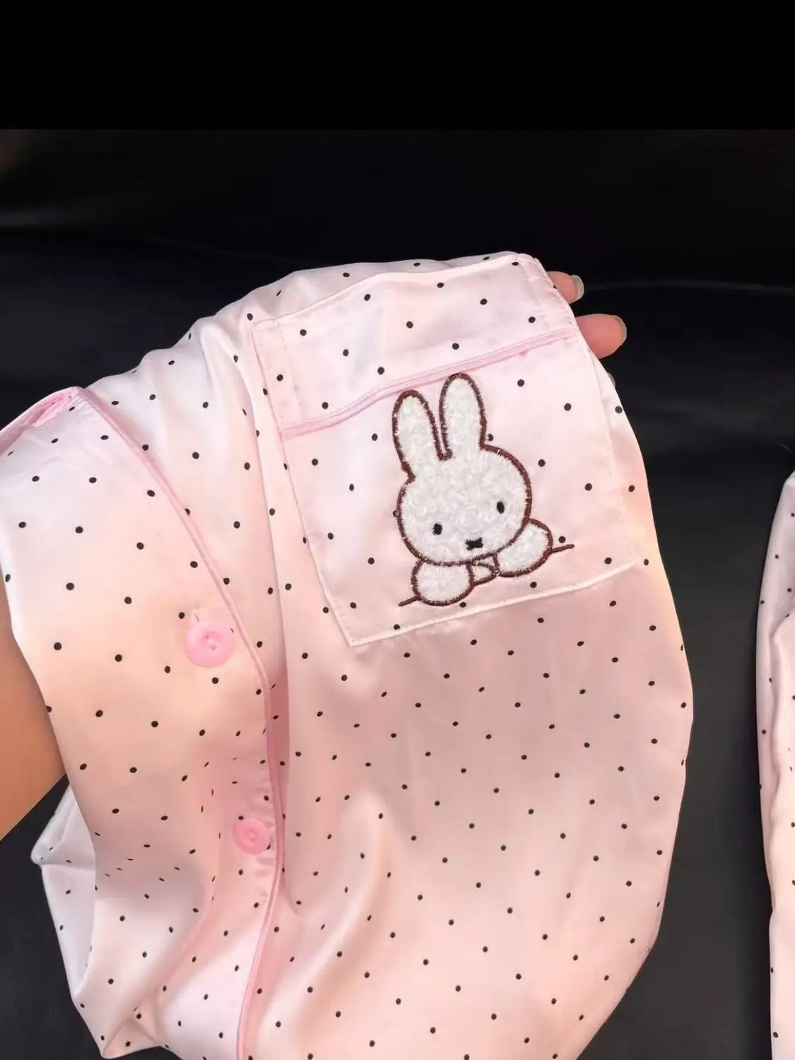 Pink Wavy Dots Miffy Ice Silk Pajamas Summer Cool Feeling Short Sleeves Shorts Cute Sweet Girl Wear Outside Lounge Clothes Sweet