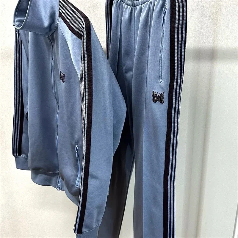 

2025ss Butterfly Embroidery AWGE Striped Straight Pants Men Women 1:1 Casualsky Blue Pants With Tags