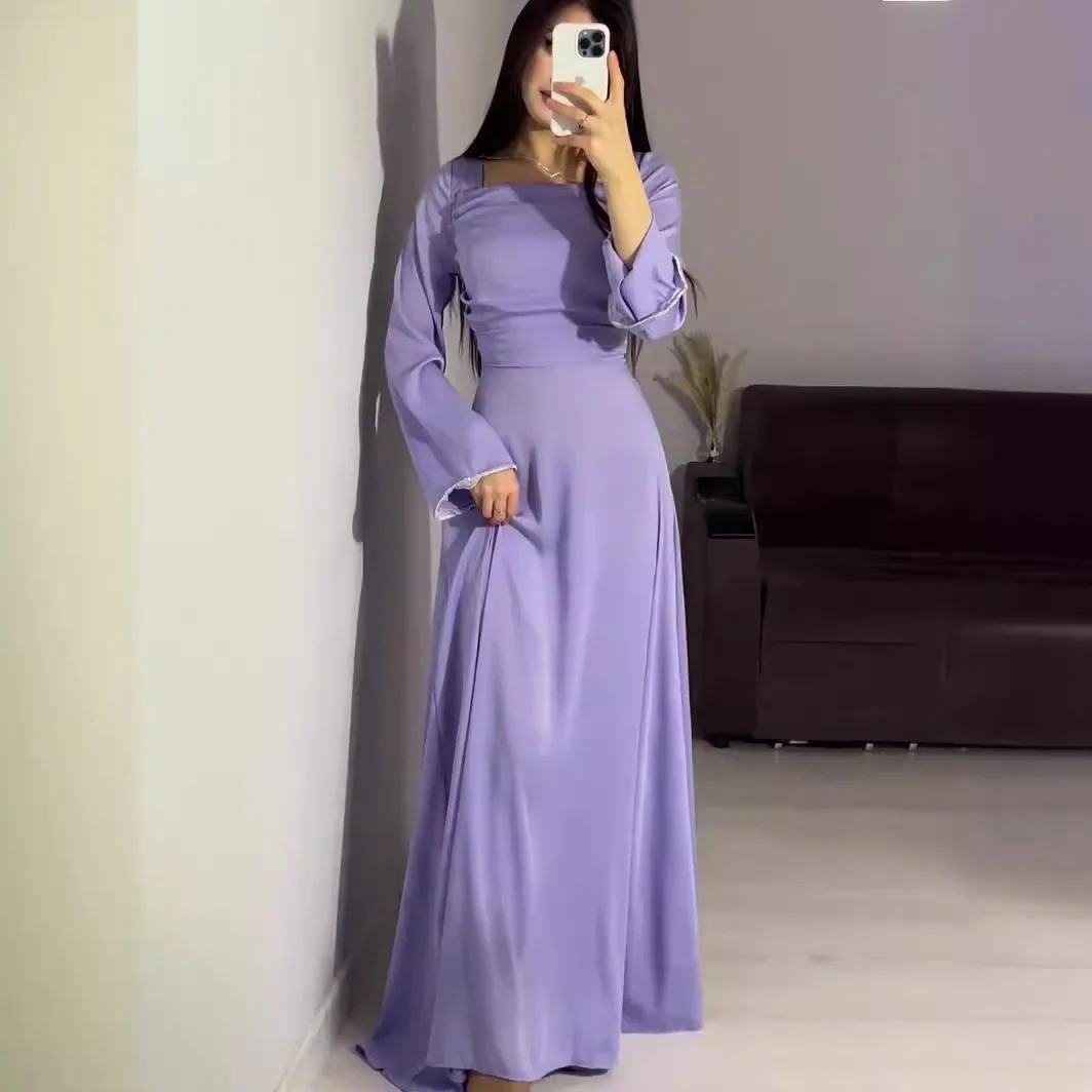 Solid Muslim Dress Women Long Sleeve Satin Diamond-encrusted Abaya Dubai Arabic Femme Elegance Abayas Turkey Islamic Clothing