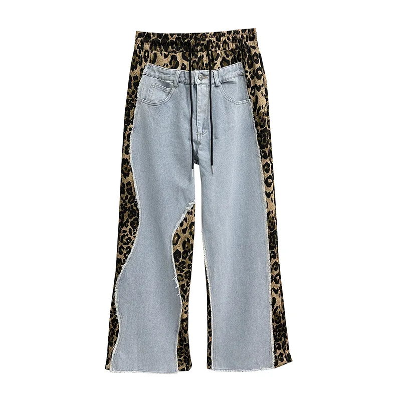 2026 Spring New Arrival American Vintage Patchwork Leopard Print High Waist Denim Loose Slim Fit Versatile Straight Leg Pants