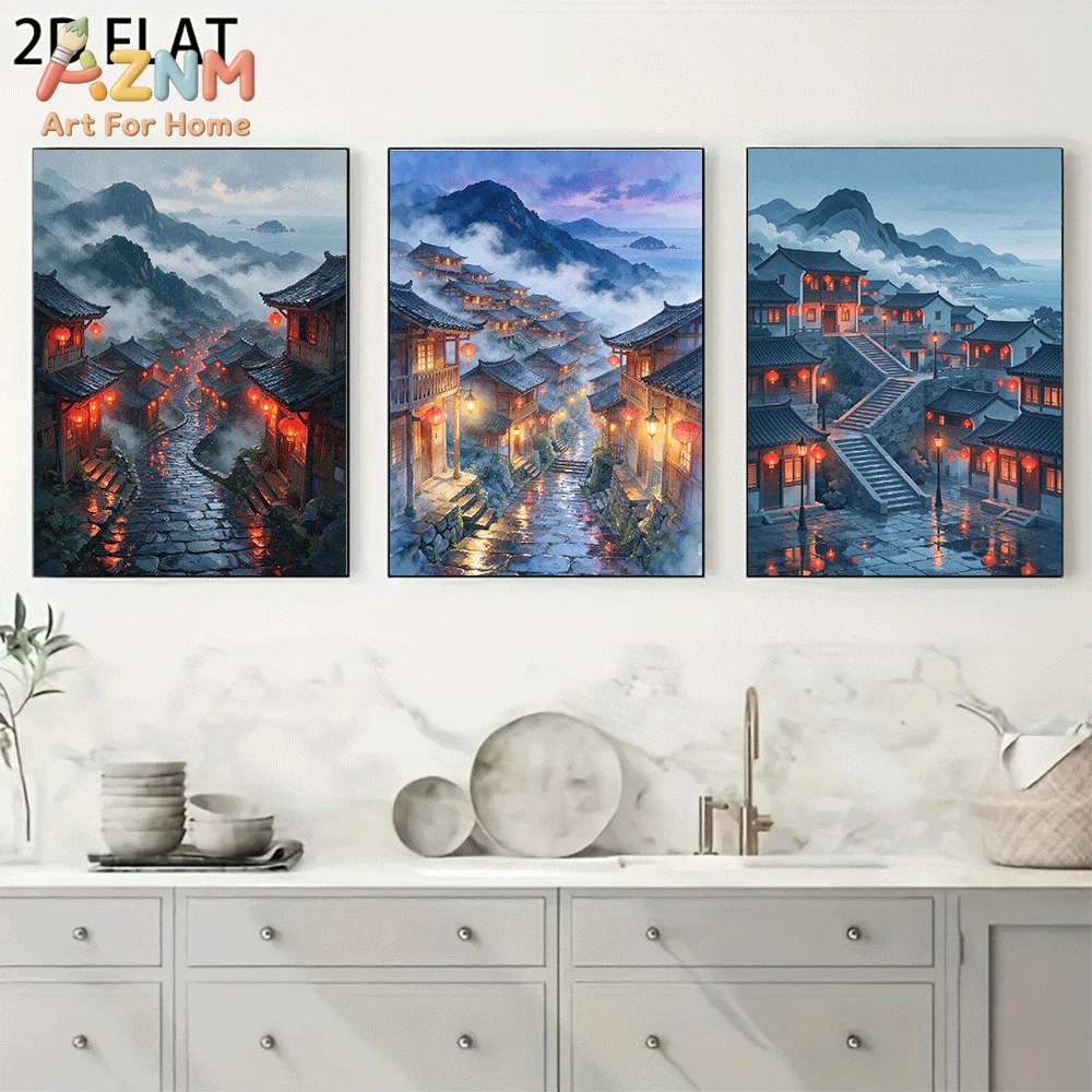 AZNM Frameless Canvas Wall Art, Ancient Chinese Mountain Town Red Lantern Print, Oriental Misty Old Village Landscape Art Wall D